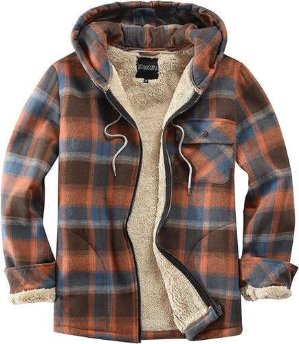 Men's Sherpa Orange & Black Plaid Hooded Long Sleeve Jacket