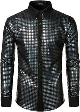 Load image into Gallery viewer, Men&#39;s Blue/Silver Metallic Long Sleeve Shiny Disco Shirt
