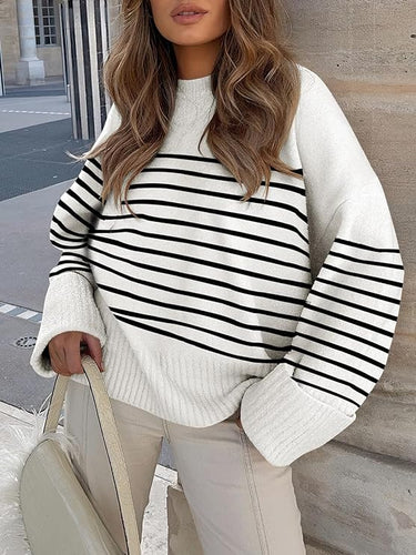 Striped White Comfy Knit Fuzzy Oversized Long Sleeve Sweater