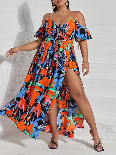 Plus Size Blue/Orange Floral Cut Out Shoulder Maxi Dress