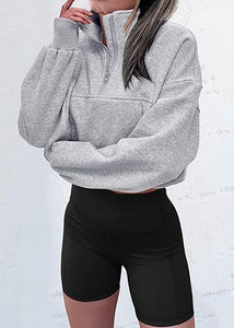 Light Grey Zip Front Long Sleeve Drawstring Pull Over Sweater