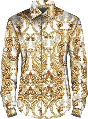 Men's Fashion Luxury Printed Gold/White Paisley Long Sleeve Shirt