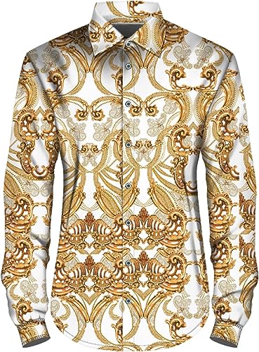 Men's Fashion Luxury Printed Gold/White Paisley Long Sleeve Shirt