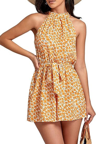 Halter Floral Orange Sleeveless Shorts Romper