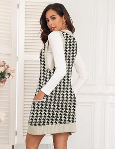 Black Houndstooth Knitted V Neck Sweater Dress