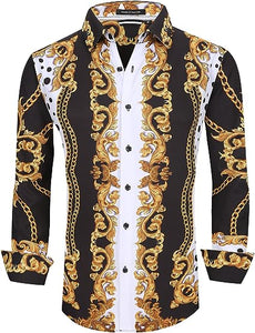 Men's Fashion Luxury Printed Black/Gold Cross Long Sleeve Shirt