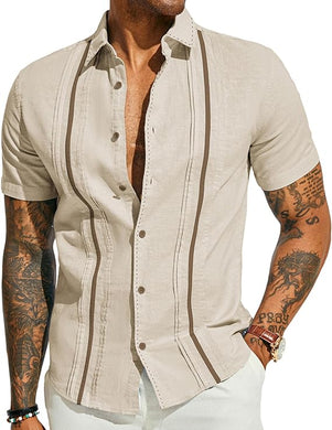 Men's Cuban Style Striped Short Sleeve Linen-apricot Shirt