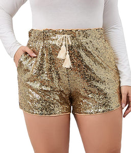 High Waist Silver Sequin Drawstring Stretch Glitter Shorts