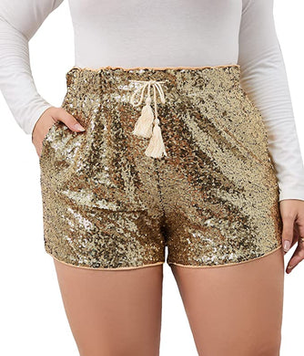 High Waist Gold Sequin Drawstring Stretch Glitter Shorts