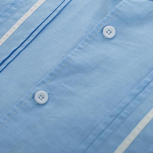 Men's Cuban Style Striped Short Sleeve Light Blue Shirt