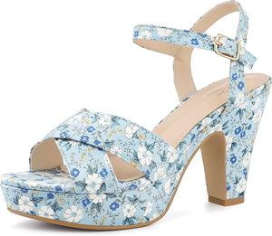Blue Floral Platform Heel Sling Back Sandals