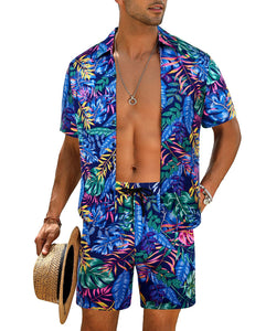 Casual Men's Blue Vacation Style Shirt & Shorts Set