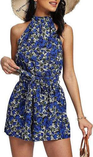 Halter Floral Blue Sleeveless Shorts Romper