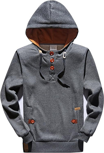 Men's Dark Grey Fleece Long Sleeve Button Up Hoodie