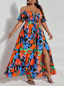 Plus Size Red Floral Cut Out Shoulder Maxi Dress