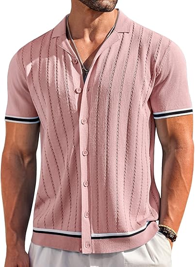 Men's Knitted Button Down Pink Short Sleeve Shirt