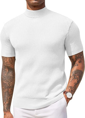 Men's Knit Turtleneck White Short Sleeve Sweater