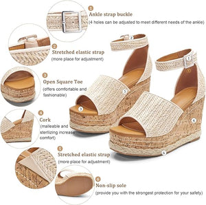 Summer White Ankle Strap Cork Sole Wedge Sandals