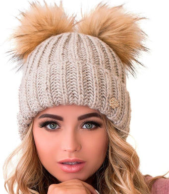 Light Beige Cable Knit Winter Warm Women's Fur Pom Pom Hat