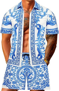 Men's Luxury Printed Blue/White Striped Shirt & Shorts Set