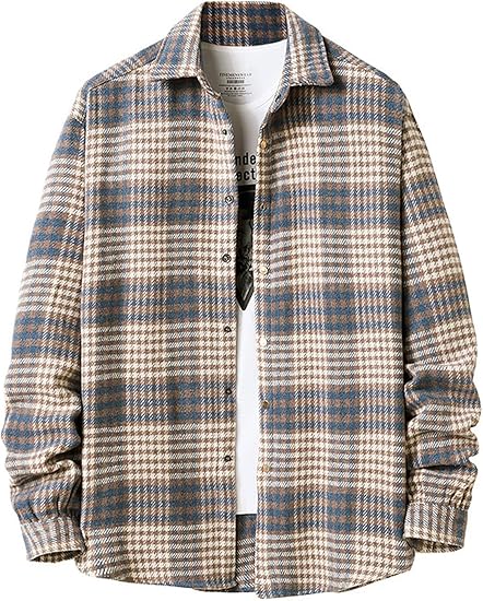 Men's Cotton Khaki-Blue Plaid Flannel Long Sleeve Shirt