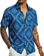 Load image into Gallery viewer, Men&#39;s Printed Button Up Short Sleeve Summer Royal Blue Shirt