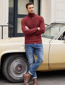 Men's Red Quarter Button Long Sleeve Sweater