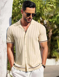 Men's Knitted Button Down Dark Beige Short Sleeve Shirt