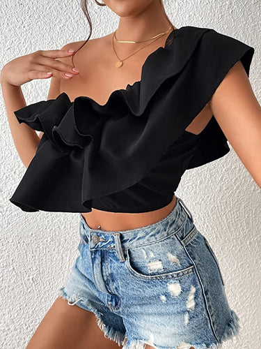 Black Ruffled One Shoulder Summer Crop Top