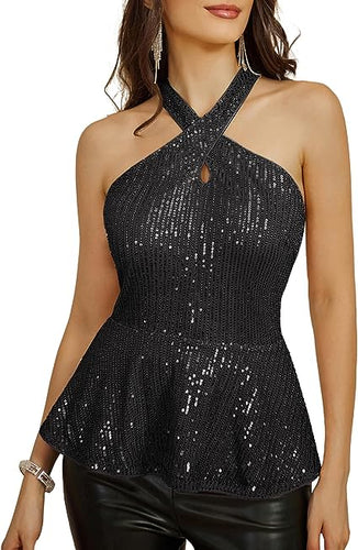 Glitter Black Sequin Halter Peplum Sleeveless Top