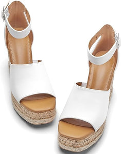 Summer White Ankle Strap Cork Sole Wedge Sandals