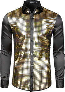 Men's Disco Silver Gray Sequins Long Sleeve Button Down Shirt