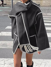Load image into Gallery viewer, Trendy Wool Light Black Embroidered Scarf Style Trench Coat Jacket