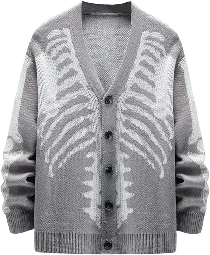 Men's Light Grey Skeleton Print Knit Button Cardigan Sweater