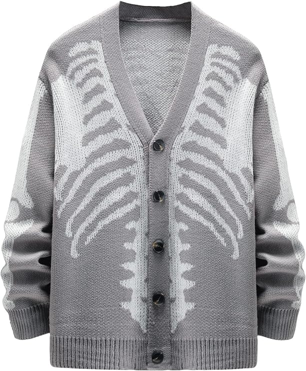 Men's Light Grey Skeleton Print Knit Button Cardigan Sweater