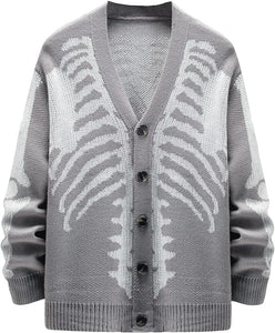 Men's Light Blue Skeleton Print Knit Button Cardigan Sweater