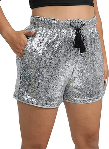 High Waist Silver Sequin Drawstring Stretch Glitter Shorts