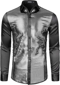 Men's Black Striped Multi Color Metallic Long Sleeve Shiny Disco Shirt