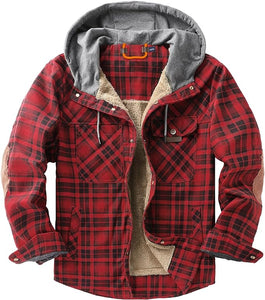 Men's Sherpa Red Lined Zip Up Hooded Long Sleeve Jacket