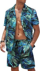 Men's Black/White Print Summer Button Up Shorts & Shirt Set