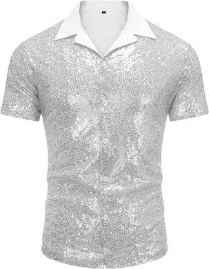 Men's Silver Sequin Polo Style Short Sleeve Shirt