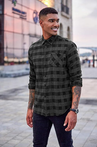 Men's Dark Grey Checkered Plaid Brushed Flannel Long Sleeve Shirt