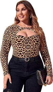 Plus Size Beige Leopard Cut Out Long Sleeve Top