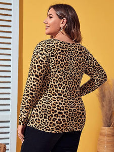 Plus Size Beige Leopard Cut Out Long Sleeve Top