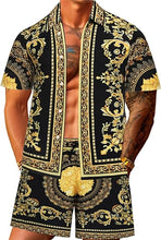 Load image into Gallery viewer, Men&#39;s Luxury Printed Gold Striped Shirt &amp; Shorts Set