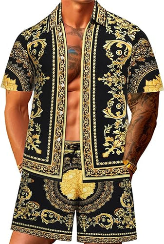 Men's Luxury Printed Gold/Black Floral Shirt & Shorts Set