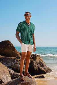 Men's Short Sleeve Vintage Style Striped Dark Green Shirt
