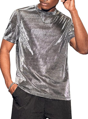 Men's Metallic Crewneck Short Sleeve Silver Shirt