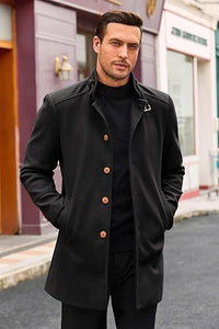 Men's Stand Collar Winter Black Long Sleeve Coat