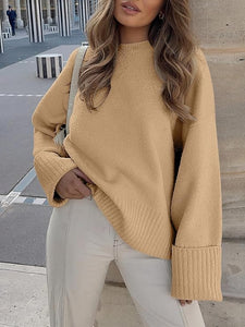 Comfy Beige Knit Fuzzy Oversized Long Sleeve Sweater